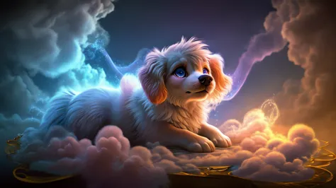 a magical and whimsical whispoodle small, fluffy dog with fur that looks like wisps of clouds.features: soft, pastel-colored fur...