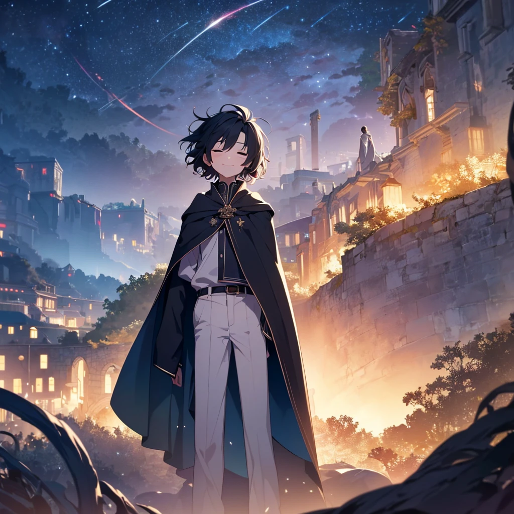 Look at the night sky, Boy with Closed Eyes, Wear long shirts and trousers, Black Short Hair, Wearing a long cloak, (highest quality,4K,8k,High resolution,masterpiece:1.2), Extremely detailed representation, Intricate details, Natural light, Warm colors, Soft Focus, Fantasy art, animation, Thin arms, 2D, smiling boy