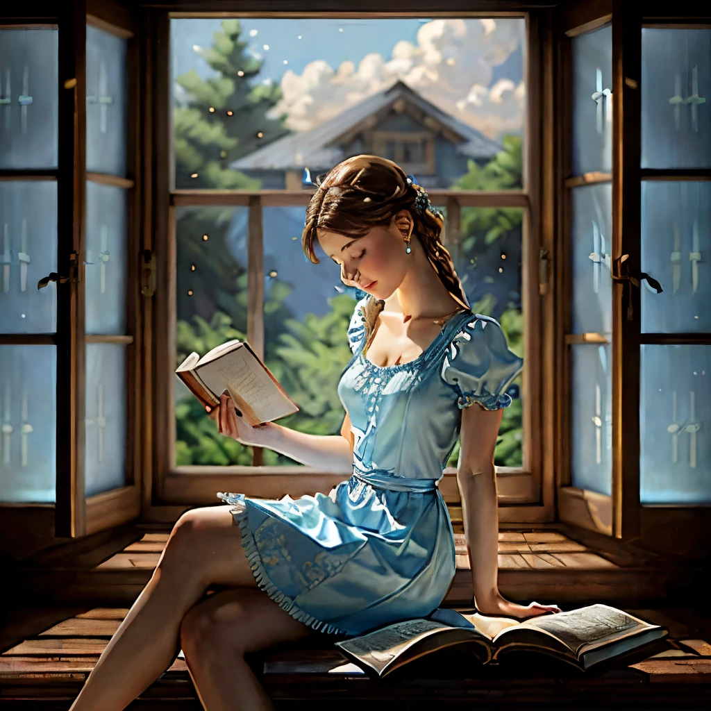 Digital painting of a young woman with light blue dress sitting next to a wooden window reading a book, by Stanley Artgerm Lau, artstation, 8k, extremely detailed, ornate, cinematic lighting, rim lighting, vivid