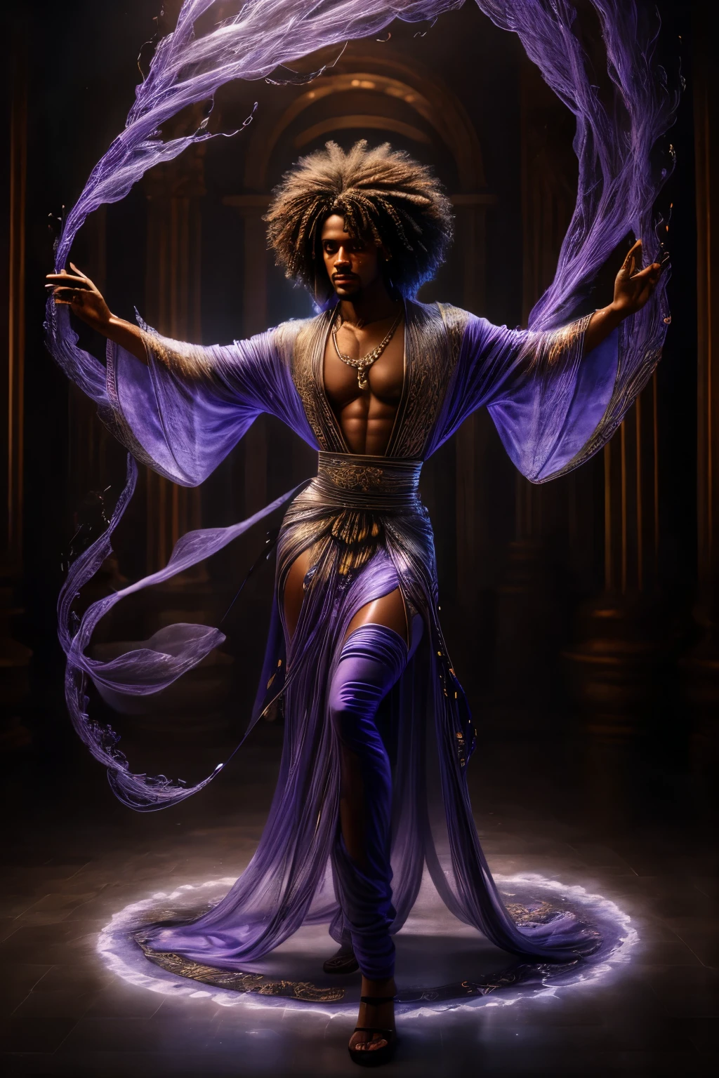 Wide angle photo of a black and white image of a beautiful black woman with colorful curly hair and dressed in high fashion clothing of African design, standing in a couture model pose in a clear glass museum filled with puzzles glowing in blue and violet colors, the entire scene in black and white only the colors of the scene are blue and violet, with iridescent light, hyper-realistic image, 32k, ultra HD, cinematic lighting
