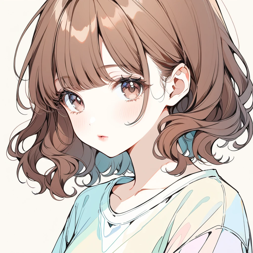 Girl‚ brown eyes‚ beautiful eyelashes‚ lips‚ brown hair‚ short brown hair‚ short curly brown hair, big milk shirt, Pastel colors, lineart, simple background, (watercolor:0.5)