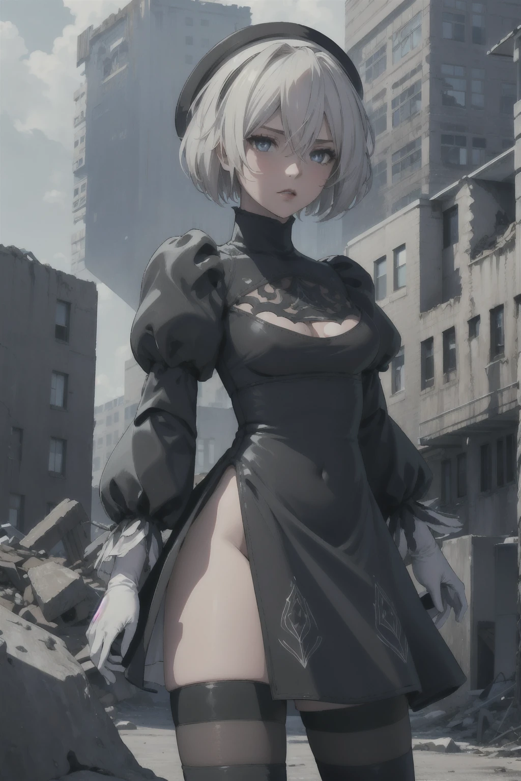 (masterpiece, best quality, highres, high resolution:1.2), extremely detailed, intricate details, 1girl, solo, looking at viewer, cowboy shot, standing, hm2b, light blue eyes, clothing cutout, long sleeves, puffy sleeves, juliet sleeves, feather trim, black thighhighs, black gloves, covered navel, (white_leotard:1.2), outdoors, dystopian, ruined city, (cinematic lighting, bloom, volumetric),