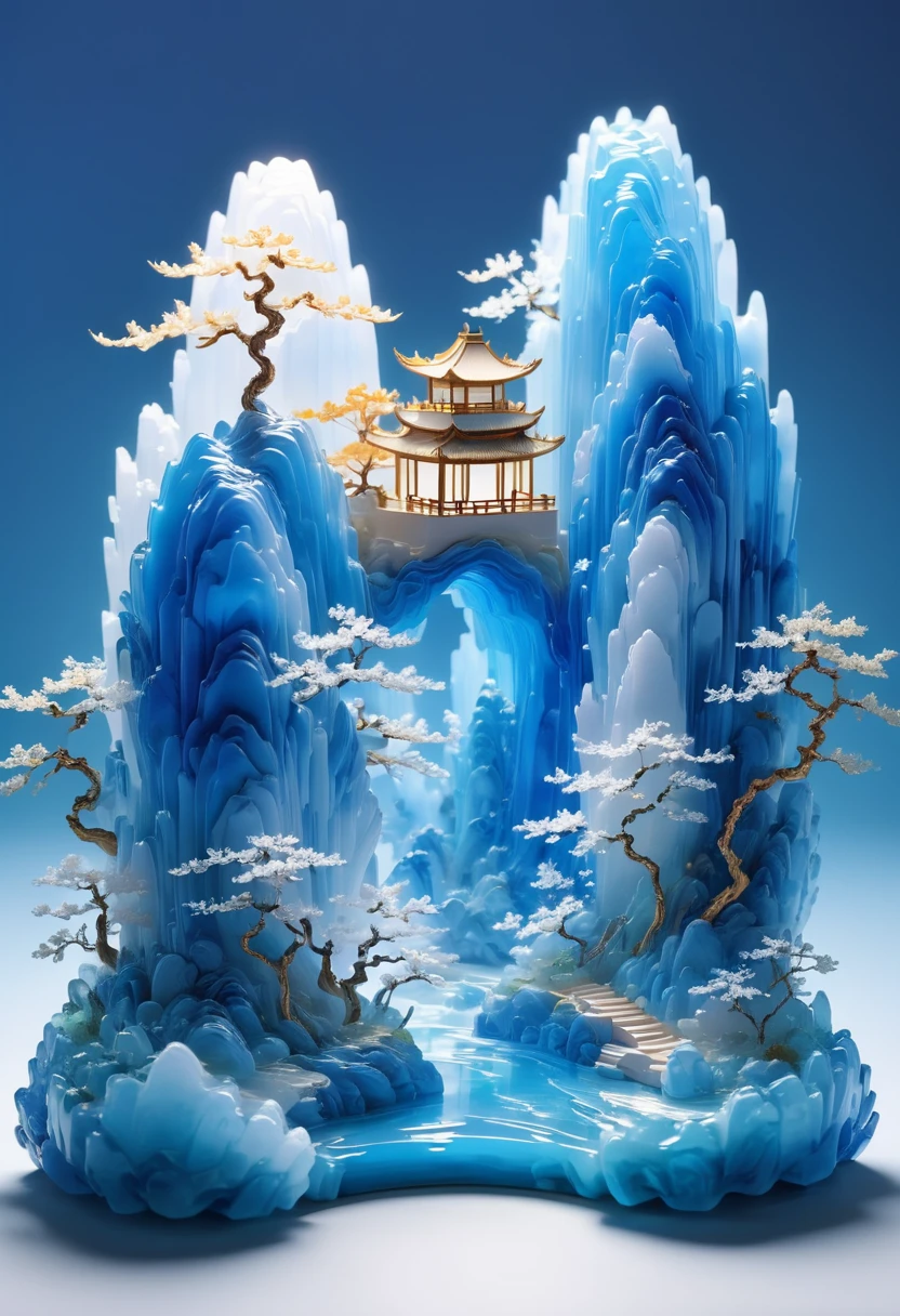 用一块石头雕刻的微景观设计，半透明玻璃材质,蓝白渐变,中国传统山水画,抽象形状,极简主义,洞穴，,3d