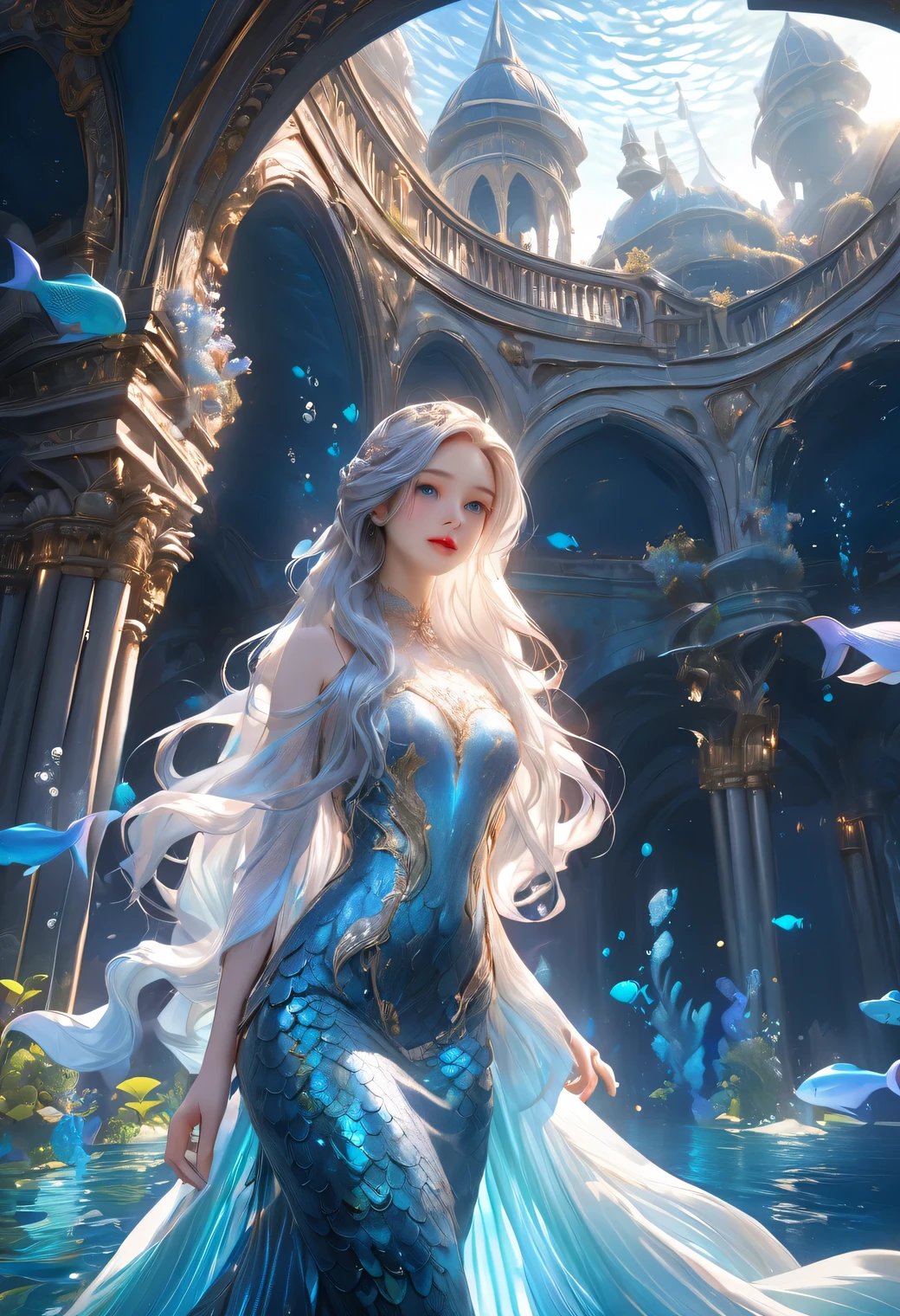 1girl, underwater palace, pretty mermaid girl, long flowing hair, beautiful detailed eyes, beautiful detailed lips, extremely detailed face, porcelain skin, elegant ornate dress, flowing dress, shimmering scales, glowing bioluminescent ocean, sunlight streaming through water, fantastical architecture, (best quality, 4k, 8k, highres, masterpiece:1.2), ultra-detailed, (realistic, photorealistic, photo-realistic:1.37), dramatic lighting, vivid colors, cinematic composition