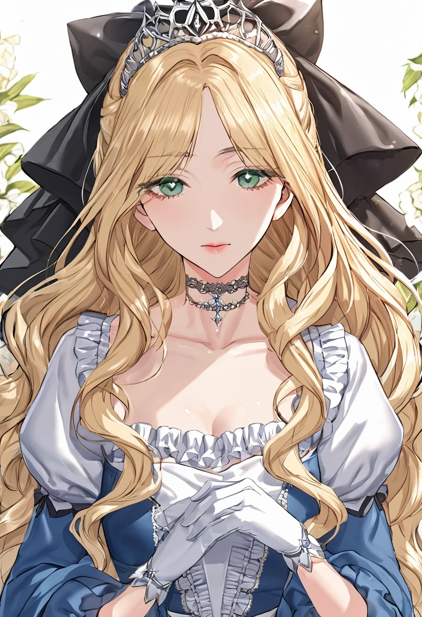 sexy-style, floral background, romance manhwa, 1girl, blonde hair, solo, long hair, flower, dress, tiara, white dress, gloves, long sleeves, choker, green eyes, mascara, makeup, white gloves, black bow, black flower, wavy hair, bow, jewelry, looking at viewer, white background, collarbone, puffy sleeves, silver accessories, upper body, parted bangs, very long hair, blue dress, frills, bangs, closed mouth, detailed eyes, close up, gleaming skin, shiny glossy skin