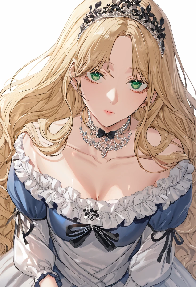 sexy-style, floral background, romance manhwa, 1girl, blonde hair, solo, long hair, flower, dress, tiara, white dress, gloves, long sleeves, choker, green eyes, mascara, makeup, white gloves, black bow, black flower, wavy hair, bow, jewelry, looking at viewer, white background, collarbone, puffy sleeves, silver accessories, upper body, parted bangs, very long hair, blue dress, frills, bangs, closed mouth, detailed eyes, close up, gleaming skin, shiny glossy skin