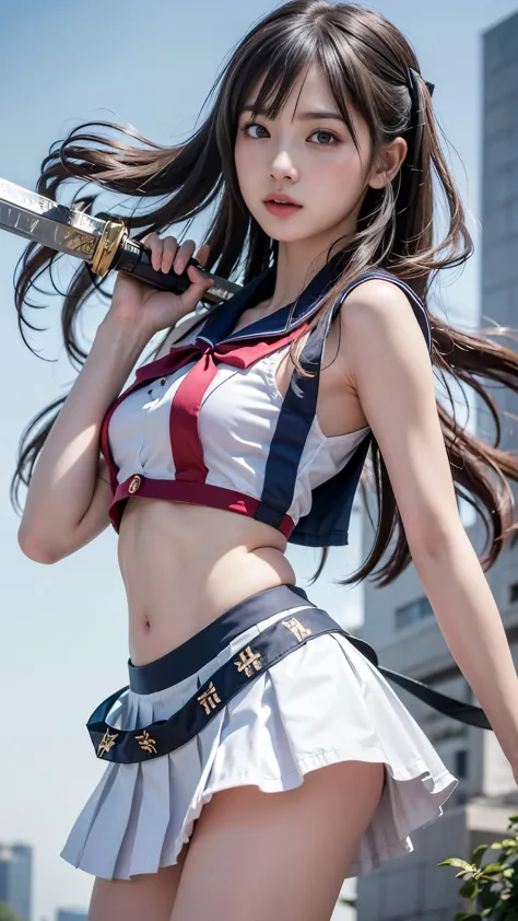 ((Battle Royale in the ruins of the city)), ((Sailor suit, Pleated skirt)), (((Gripping the handle))), (((Hold a Japan sword))),...
