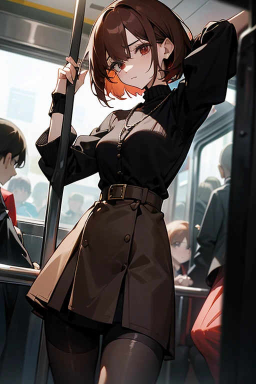Reddish brown short length hair、Black high neck waffle knit top、Flared sleeves、Tight Skirt、Black Stockings、necklace、TİTS、slender、In a crowded train、Messed up、slender、High resolution face、Drawn eyes、