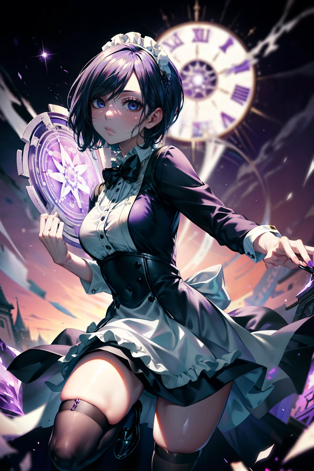 Beautiful face, beauty, white skin, purple-blue eyes, short purple-blue hair, hair covering her left eye, cute body, Cute waitress outfit, detailed black dress, white embellished apron, An ornate dress containing embellishments and bows, a castle maid's dress, black tie, castle background, Touka Kirishima, Tokyo Ghoul 