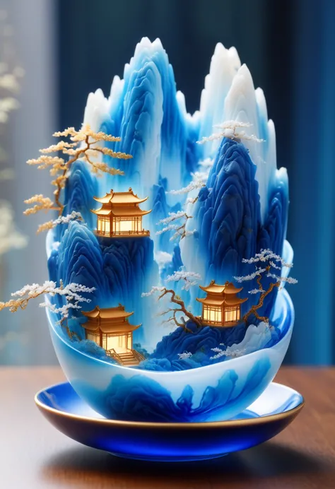 micro landscape design carved on the milk tea cup，translucent glass material,blue-white gradient,traditional chinese landscape p...