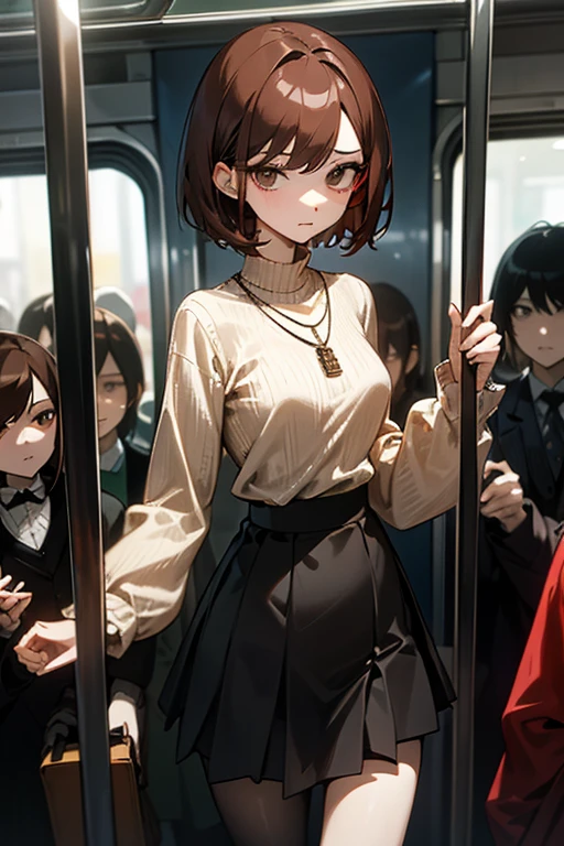 Reddish brown short length hair、Black high neck waffle knit top、Flared sleeves、Tight Skirt、Black Stockings、necklace、TİTS、slender、In a crowded train、Messed up、slender、High resolution face、Drawn eyes、