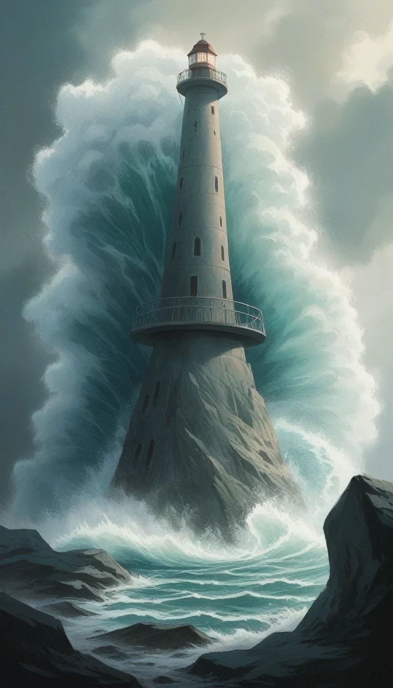 A colossal Water Titan emerging from the depths of a stormy ocean, its body made of swirling waves and seafoam. Towering over the dark, churning waters, its eyes glow with an otherworldly blue light. Surrounding it are massive waves crashing violently against jagged rocks. The sky is overcast with dark, thunderous clouds, lightning striking down, illuminating the Titan's imposing figure. The background showcases a haunted lighthouse in the distance, its light flickering in the tempest