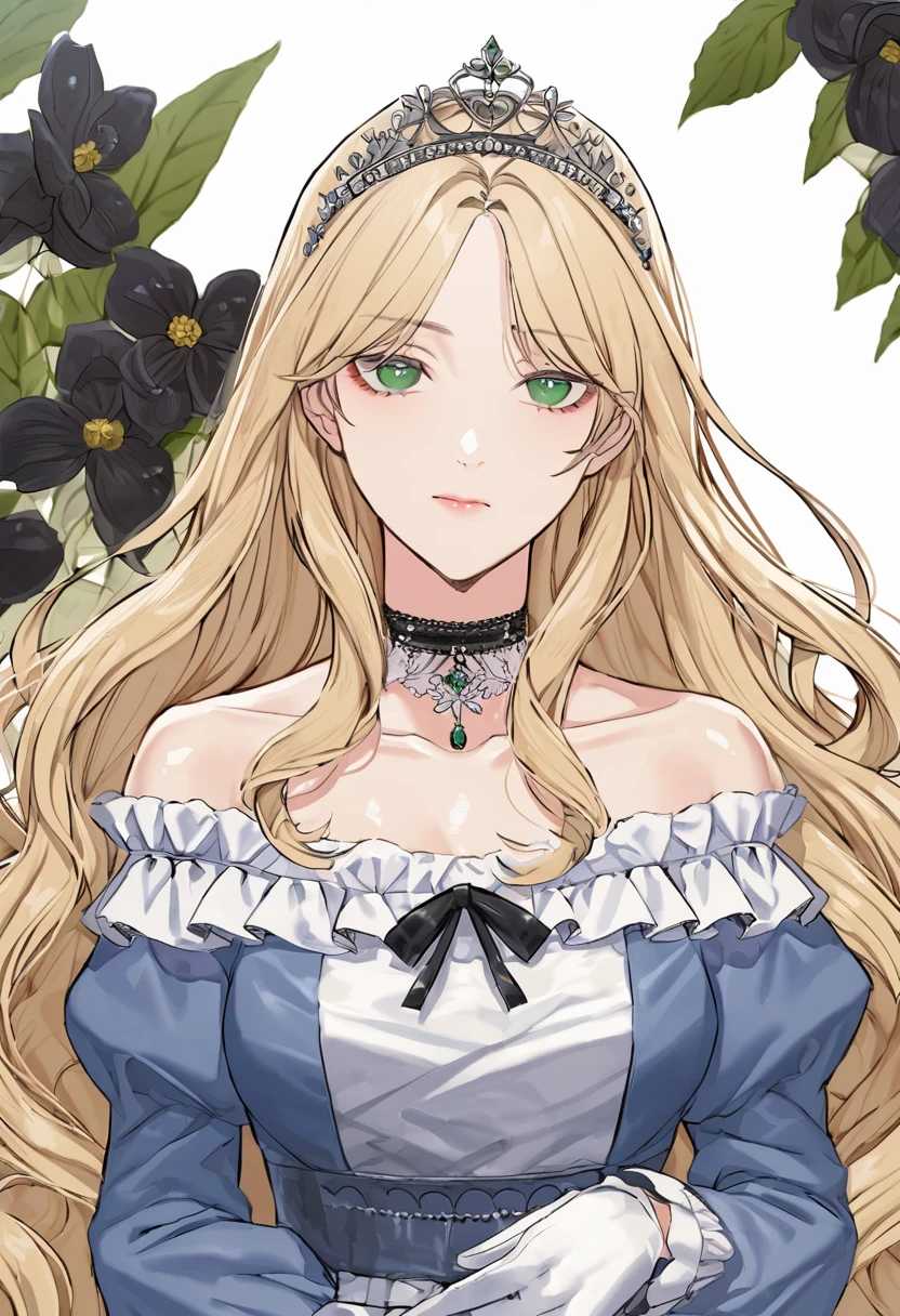 sexy-style, floral background, romance manhwa, 1girl, blonde hair, solo, long hair, flower, dress, tiara, white dress, gloves, long sleeves, choker, green eyes, mascara, makeup, white gloves, black bow, black flower, wavy hair, bow, jewelry, looking at viewer, white background, collarbone, puffy sleeves, silver accessories, upper body, parted bangs, very long hair, blue dress, frills, bangs, closed mouth, detailed eyes, close up, gleaming skin, shiny glossy skin