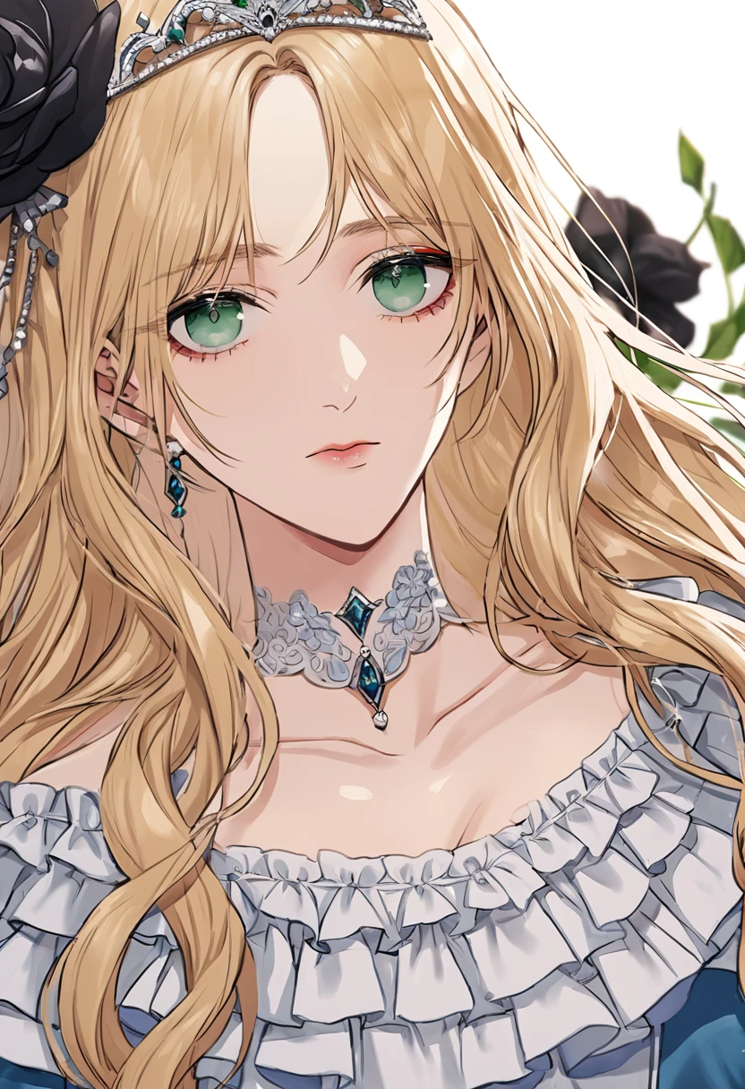 sexy-style, floral background, romance manhwa, 1girl, blonde hair, solo, long hair, flower, dress, tiara, white dress, gloves, long sleeves, choker, green eyes, mascara, makeup, white gloves, black bow, black flower, wavy hair, bow, jewelry, looking at viewer, white background, collarbone, puffy sleeves, silver accessories, upper body, parted bangs, very long hair, blue dress, frills, bangs, closed mouth, detailed eyes, close up, gleaming skin, shiny glossy skin