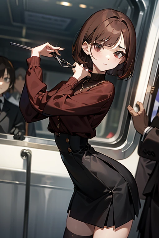 Reddish brown short length hair、Black high neck waffle knit top、Flared sleeves、Tight Skirt、Black Stockings、necklace、TİTS、slender、In a crowded train、Messed up、slender、High resolution face、Drawn eyes、ダメージのある服