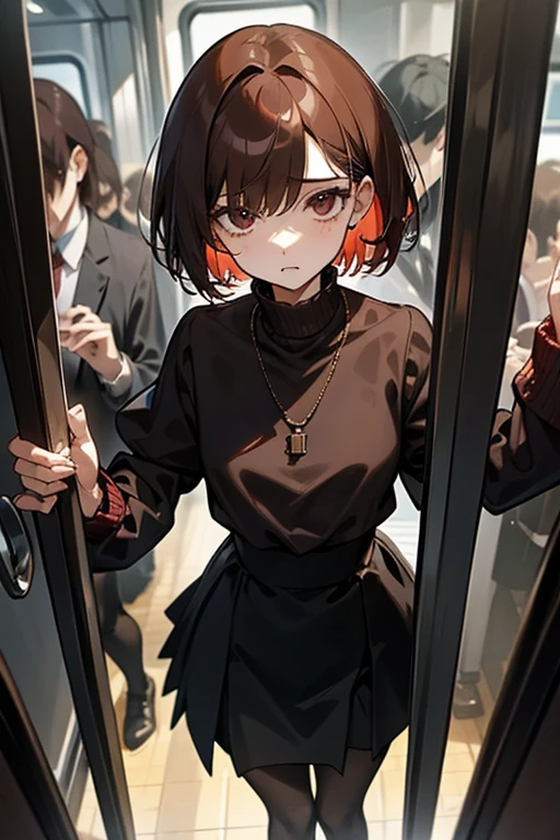 Reddish brown short length hair、Black high neck waffle knit top、Flared sleeves、Tight Skirt、Black Stockings、necklace、TİTS、slender、In a crowded train、Messed up、slender、High resolution face、Drawn eyes、ダメージのある服