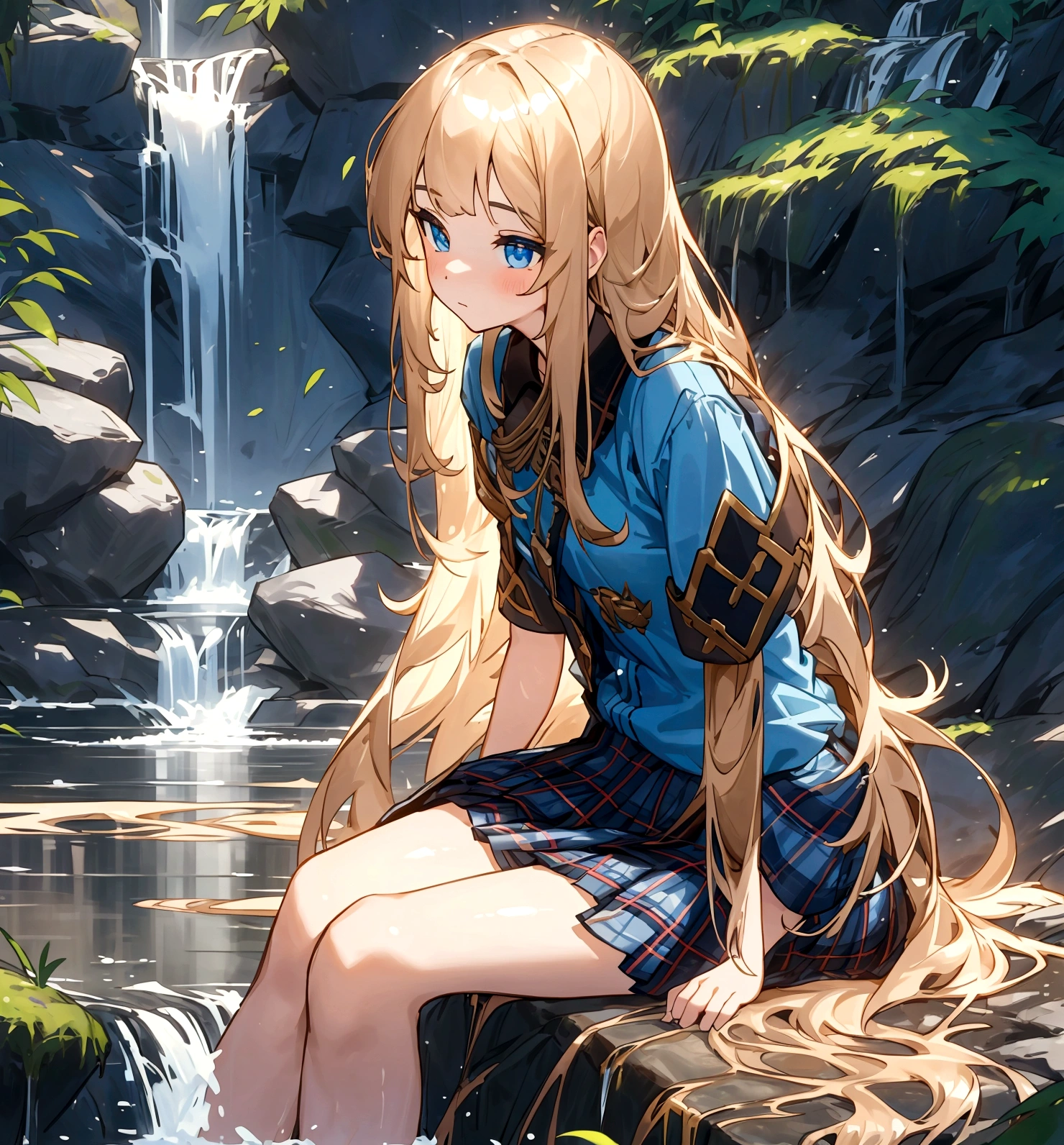 The most beautiful girl in the world, Long hair brass color, Wear a blue short-sleeved shirt., Wear a plaid miniskirt., Sitting near a waterfall in the forest