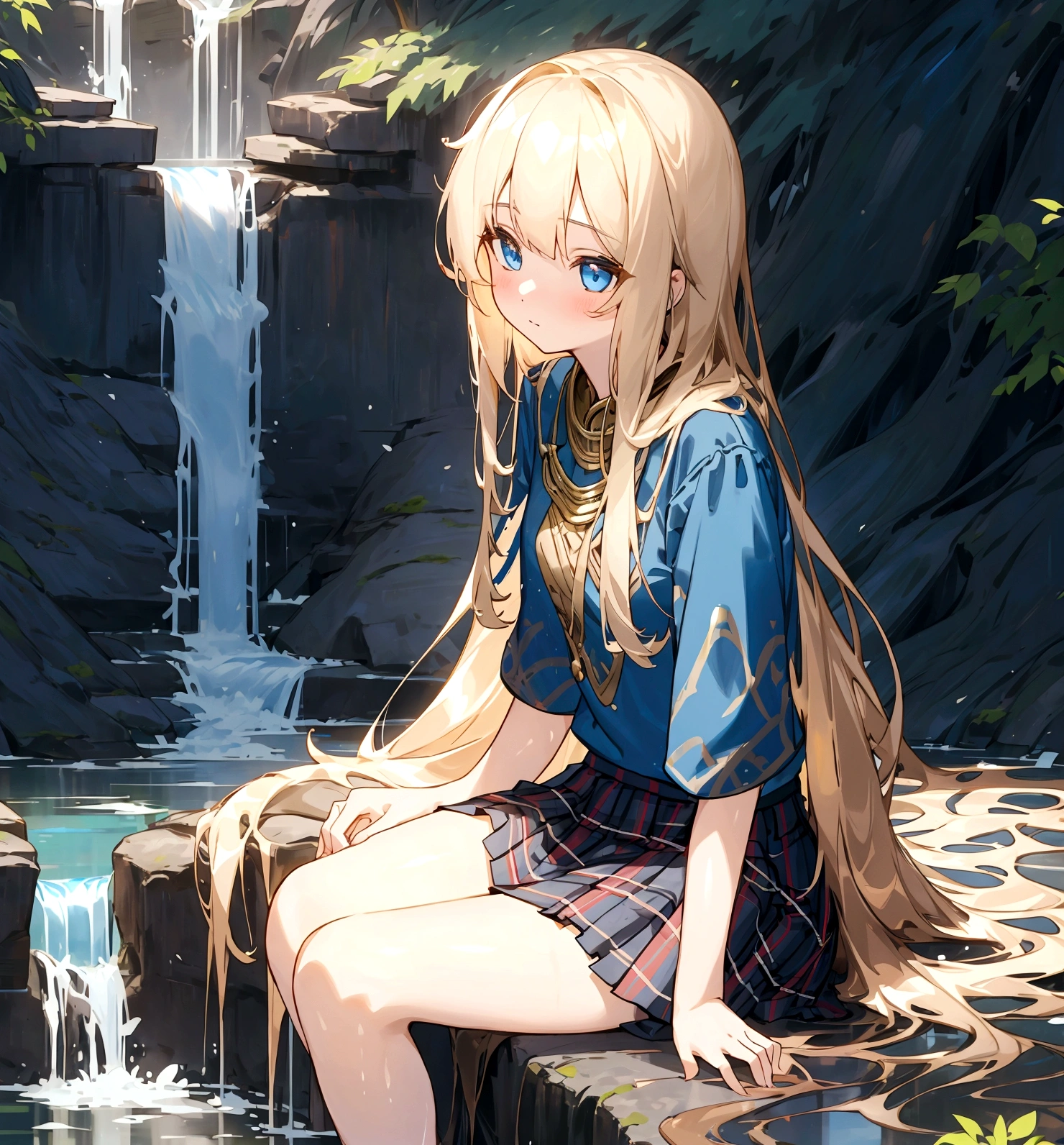 The most beautiful girl in the world, Long hair brass color, Wear a blue short-sleeved shirt., Wear a plaid miniskirt., Sitting near a waterfall in the forest