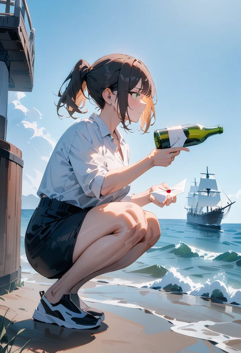 masterpiece, best quality, very aesthetic, absurdres, newest, 1girl, solo, adult, brunette, ponytail, medium hair, green eyes, looking forward, squatting, determined, holding a Empty bottle with letter, seaside, ship, waves, clouds, clear sky, side view, full body