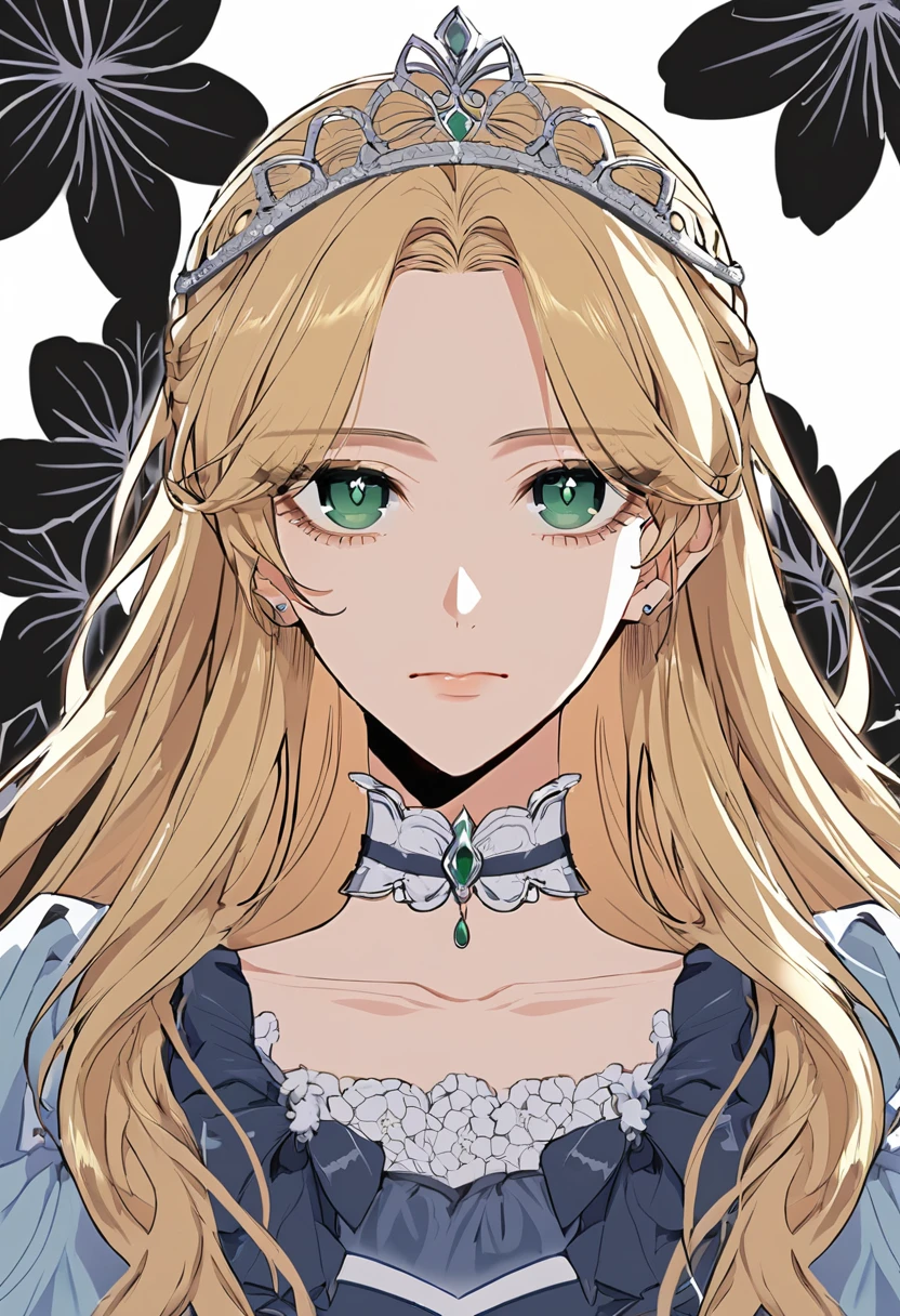 fantasy-style, floral background, romance manhwa, 1girl, blonde hair, solo, long hair, flower, dress, tiara, white dress, gloves, long sleeves, choker, green eyes, mascara, makeup, white gloves, black bow, black flower, wavy hair, bow, jewelry, looking at viewer, white background, collarbone, puffy sleeves, silver accessories, upper body, parted bangs, very long hair, blue dress, frills, bangs, closed mouth, detailed eyes, close up, gleaming skin, shiny glossy skin