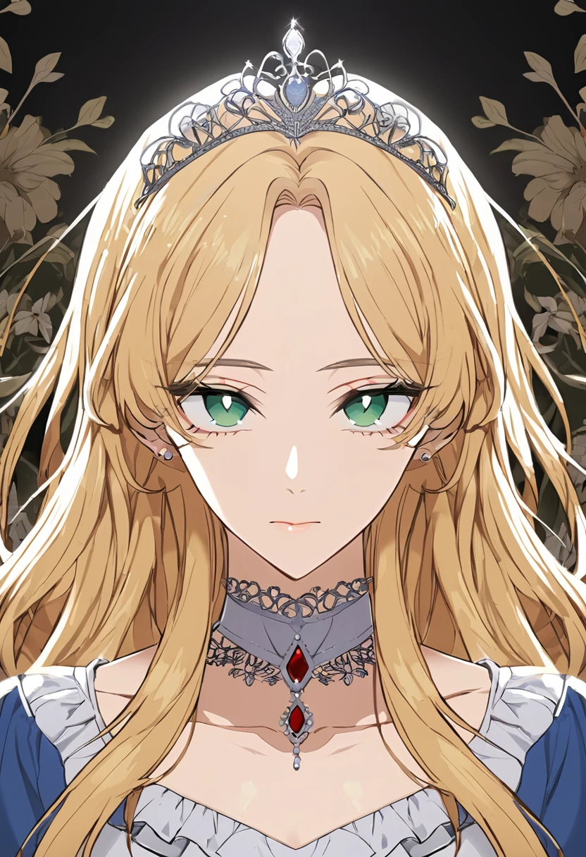 fantasy-style, floral background, romance manhwa, 1girl, blonde hair, solo, long hair, flower, dress, tiara, white dress, gloves, long sleeves, choker, green eyes, mascara, makeup, white gloves, black bow, black flower, wavy hair, bow, jewelry, looking at viewer, white background, collarbone, puffy sleeves, silver accessories, upper body, parted bangs, very long hair, blue dress, frills, bangs, closed mouth, detailed eyes, close up, gleaming skin, shiny glossy skin