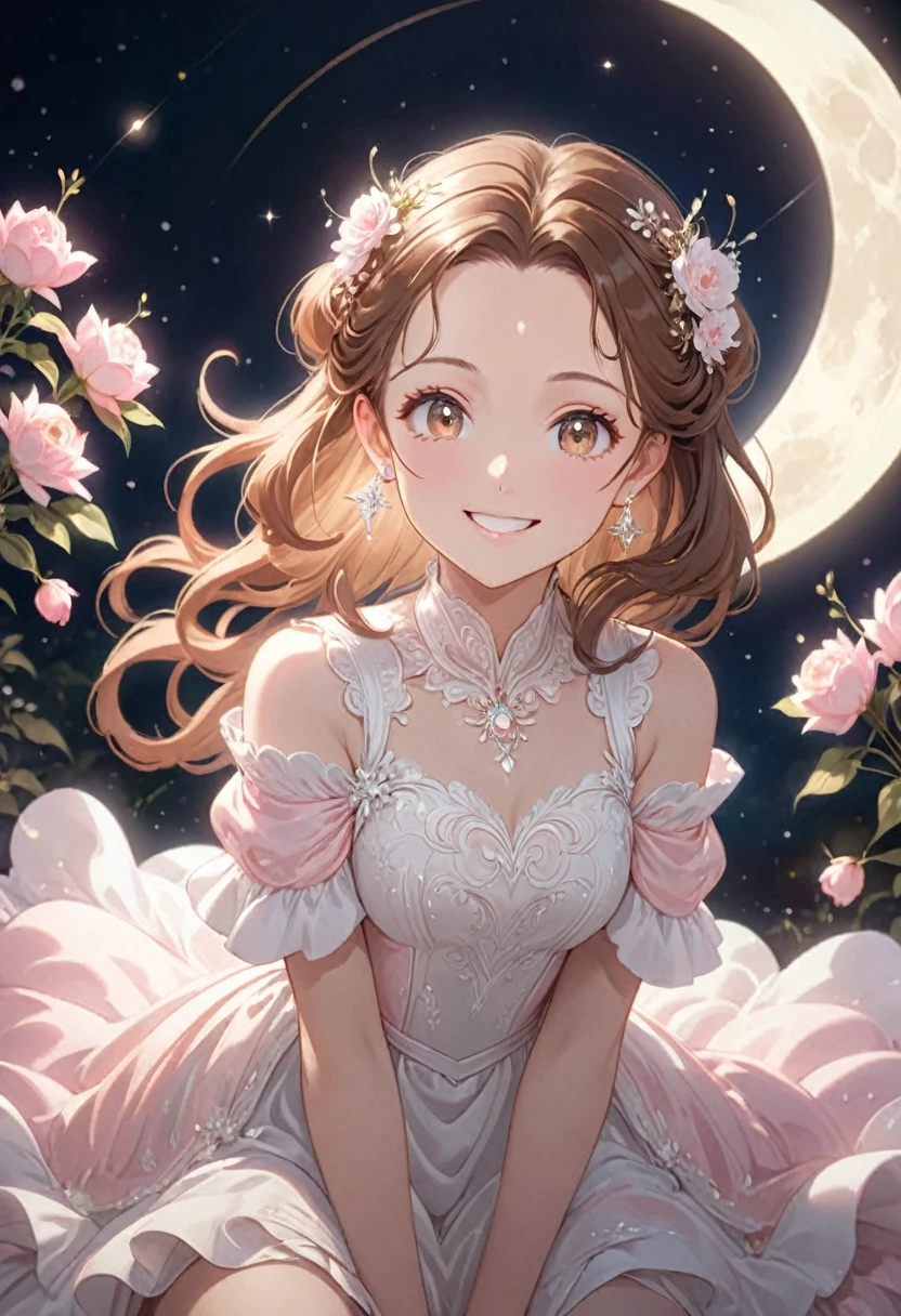 Very detailed,(((ultra detailed face))),best quality, 8k, (柔Light), Light, 1 lady, facing the camera,brown hair, ((forehead)),elegant, Comfortable, Clean and detailed anime art, Trending on artstart, milky white, illuminate warmly, (pink and white theme),((big smile)),dress,sitting moon