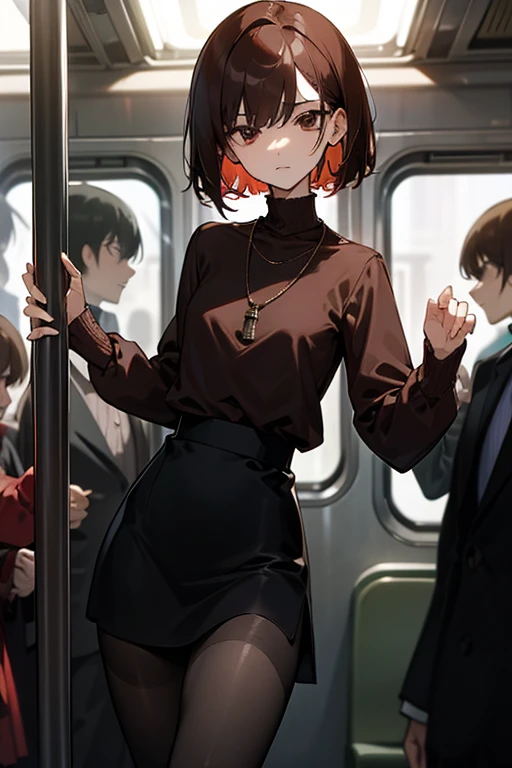 Reddish brown short length hair、Black high neck waffle knit top、Flared sleeves、Tight Skirt、Black Stockings、necklace、TİTS、slender、In a crowded train、Messed up、slender、High resolution face、Drawn eyes、傷んだ服
