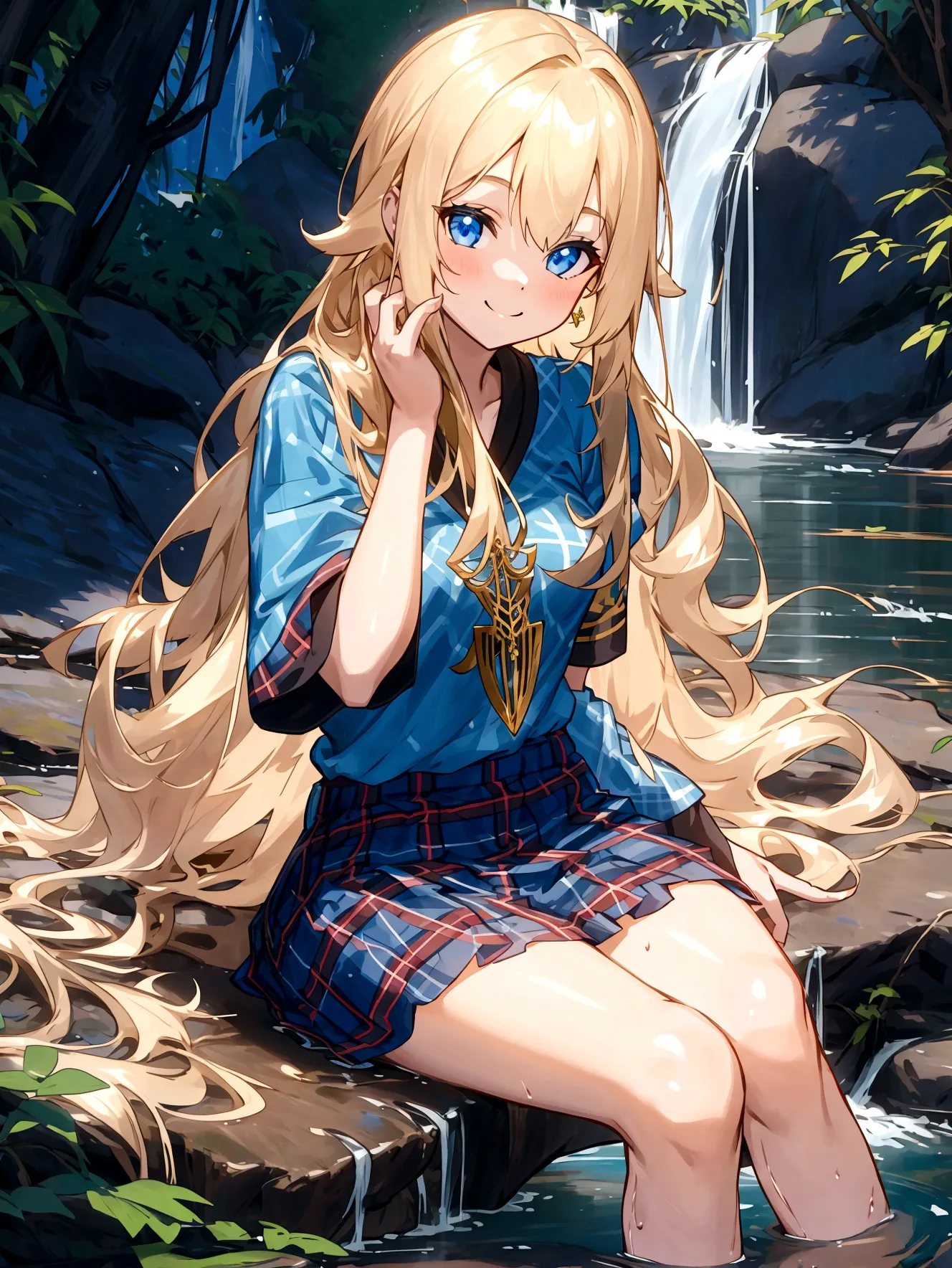 the most beautiful girl in the world, smile, long hair brass color, wear a blue short-sleeved shirt., wear a plaid miniskirt., s...