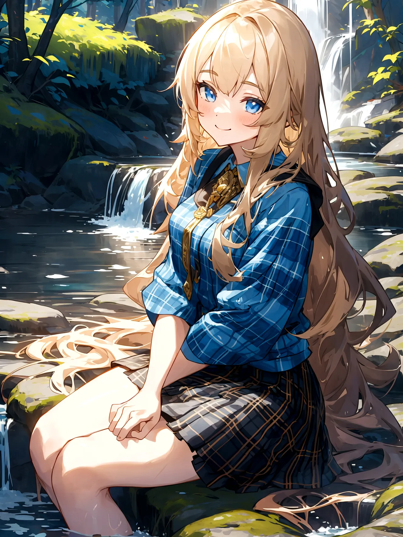 the most beautiful girl in the world, smile, long hair brass color, wear a blue short-sleeved shirt., wear a plaid miniskirt., s...