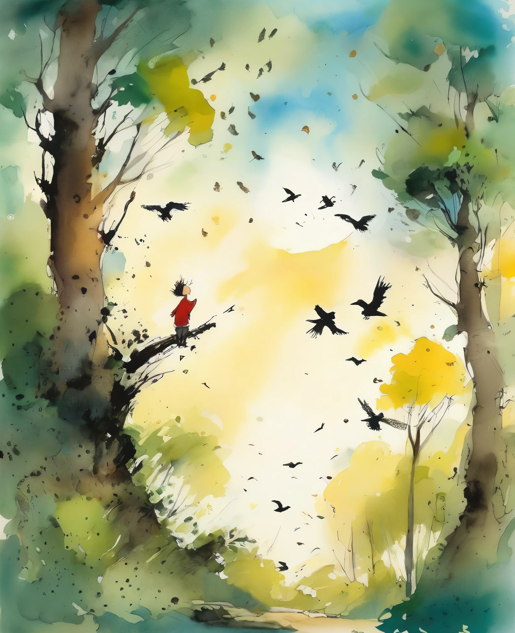 Quentin Blake style photo 、Forest trees, light, wind and birds、Portraiture、High resolution、Stir the sky、Highest quality、masterpiece、Very detailed