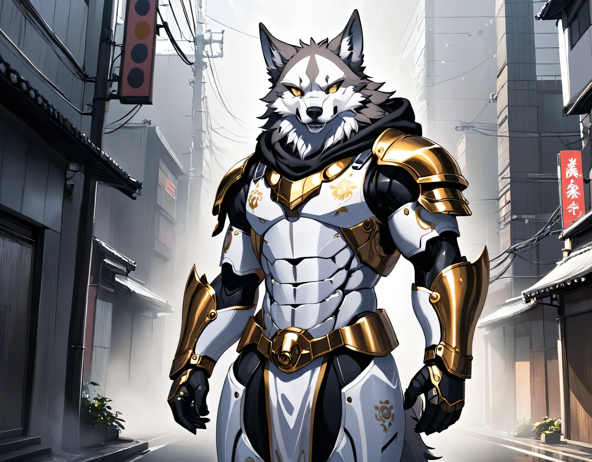 (high quality), (digital art), (semi-realistic style), (full body shot), (mystic tokyo background), male humanoid wolf, perfect muscular god body, grey full body fur, white skull fur head marking, brown eyes, wearing an unbreakable white and gold full body god armor suit with hood