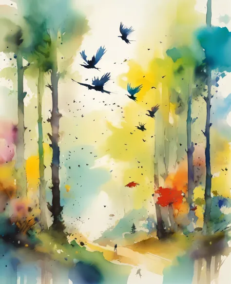 Quentin Blake style photo 、Forest trees々, Light, Wind and colorful birds、Portraiture、High resolution、Shake the sky、Highest quali...