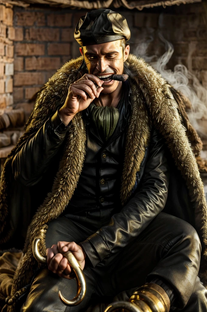 masterpiece, best quality, extremely detailed, hyperrealistic, photorealistic, a cool 40s man, ultra detailed face:1.3, fur-trimmed coat, scarf around the neck, his left hand is a golden pirate hook, smoking, cigar, laughing, underground basement, money, sitting