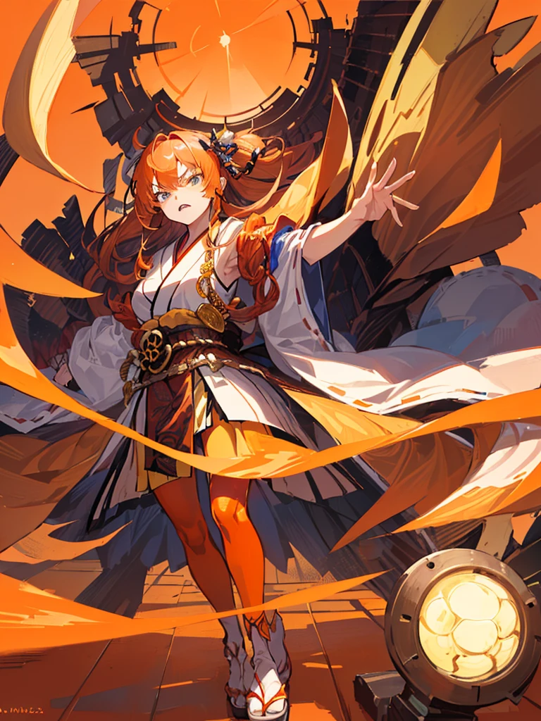 Dynamic composition、((Perspective Lens, Woman with long hair, Dynamic poses with serious and mean expressions, Two hands brandishing a large, long Japanese sword )) ((Pure Orange Background:1.2)),Anime Style、Detailed eyes、Looks like she&#39;s in her early 20s,Shooting in mid-motion,With her long braided hair fluttering. Her outfit is reminiscent of a butterfly,Black and yellow color palette,Be playful.,Neon color line fractal art、