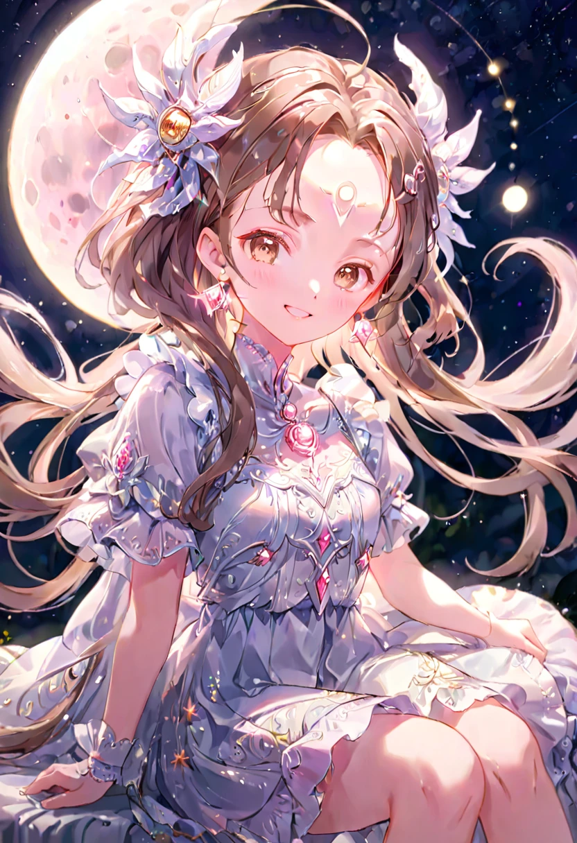 Very detailed,(((ultra detailed face))),best quality, 8k, (柔Light), Light, 1 lady, facing the camera,brown hair, ((forehead)),elegant, Comfortable, Clean and detailed anime art, Trending on artstart, milky white, illuminate warmly, (pink and white theme),big smile,dress,sitting the moon