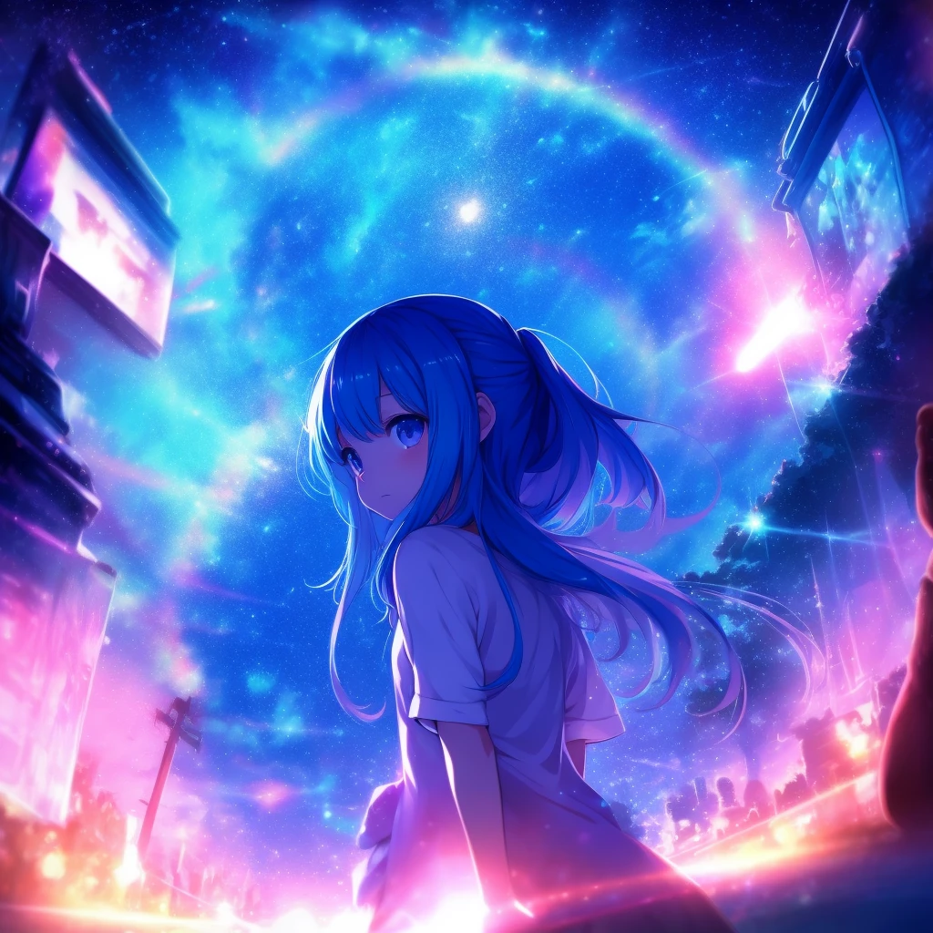 cielo místico , chica anime mirando estrellas en el cielo, una imagen inspirada en Cyril Rolando, tumblr, realismo magico, niña mira el espacio, anime psicodélico de ensueño, Arte de ensueño, mirando hacia el cosmos, atmósfera mágica de ensueño, con estrellas, ilustración!, En el universo, noche de ensueño, chica en el espacio, imagen absolutamente excepcional, en el plano astral ) ) )