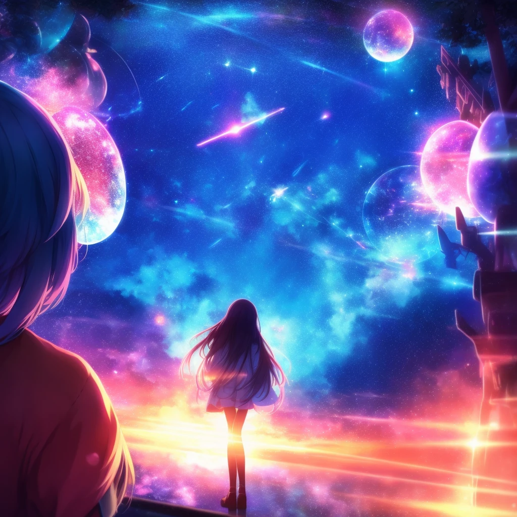 mystical sky , anime girl looking at stars in the sky, a picture inspired by Cyril Rolando, tumblr, magical realism, girl looks at the space, dreamy psychedelic anime, dreamy art, looking out into the cosmos, magical dream-like atmosphere, with stars, illustration!, in the universe, dreamy night, girl in space, absolutely outstanding image, in the astral plane ) ) )