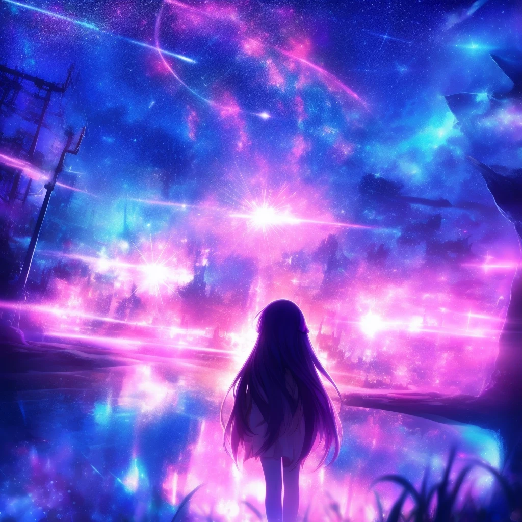 céu místico , garota de anime olhando para estrelas no céu, um quadro inspirado em Cyril Rolando, tumblr, realismo mágico, garota olha para o espaço, anime psicodélico sonhador, arte sonhadora, olhando para o cosmos, atmosfera mágica de sonho, com estrelas, ilustração!, no universo, noite sonhadora, garota no espaço, imagem absolutamente notável, no plano astral ) ) )