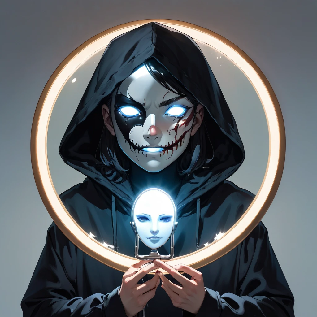 
character with a black hood, and a lighted mirror as a face