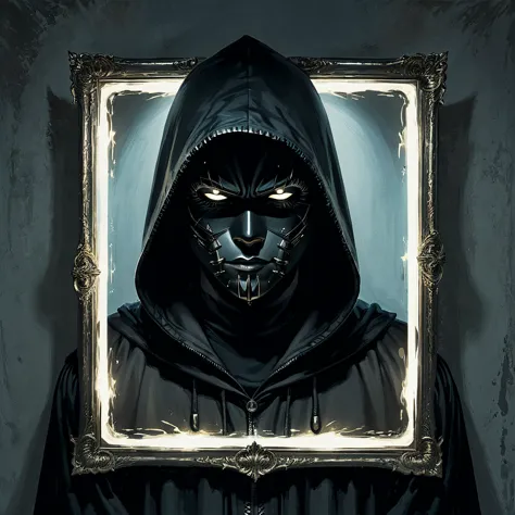 character with a black hood, and a lighted mirror as a face