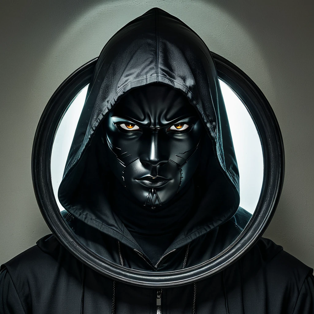 
character with a black hood, and a lighted mirror as a face