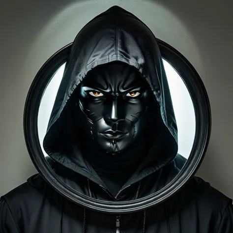 character with a black hood, and a lighted mirror as a face