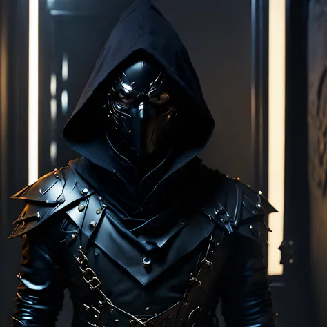 character with a black hood, and a lighted mirror as a face