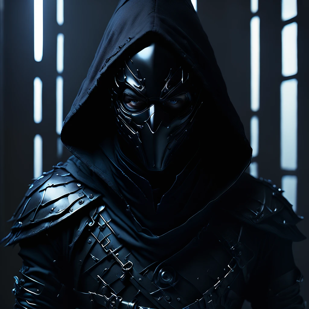 
character with a black hood, and a lighted mirror as a face