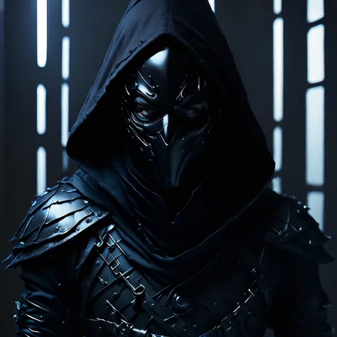 character with a black hood, and a lighted mirror as a face