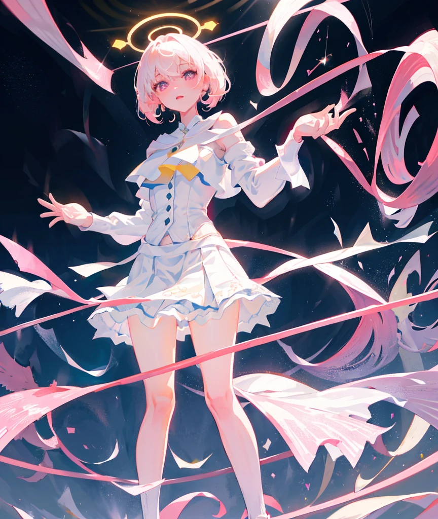 A young girl of about 14 or 15 years old, with a delicate and lovely face, pink eyes, long white hair with pink glitter, looking at the audience with some caution, with a slender figure and a B cup, wearing a white high-tech , and one hand made of silver metal, standing on the high-tech cyberpunk street 