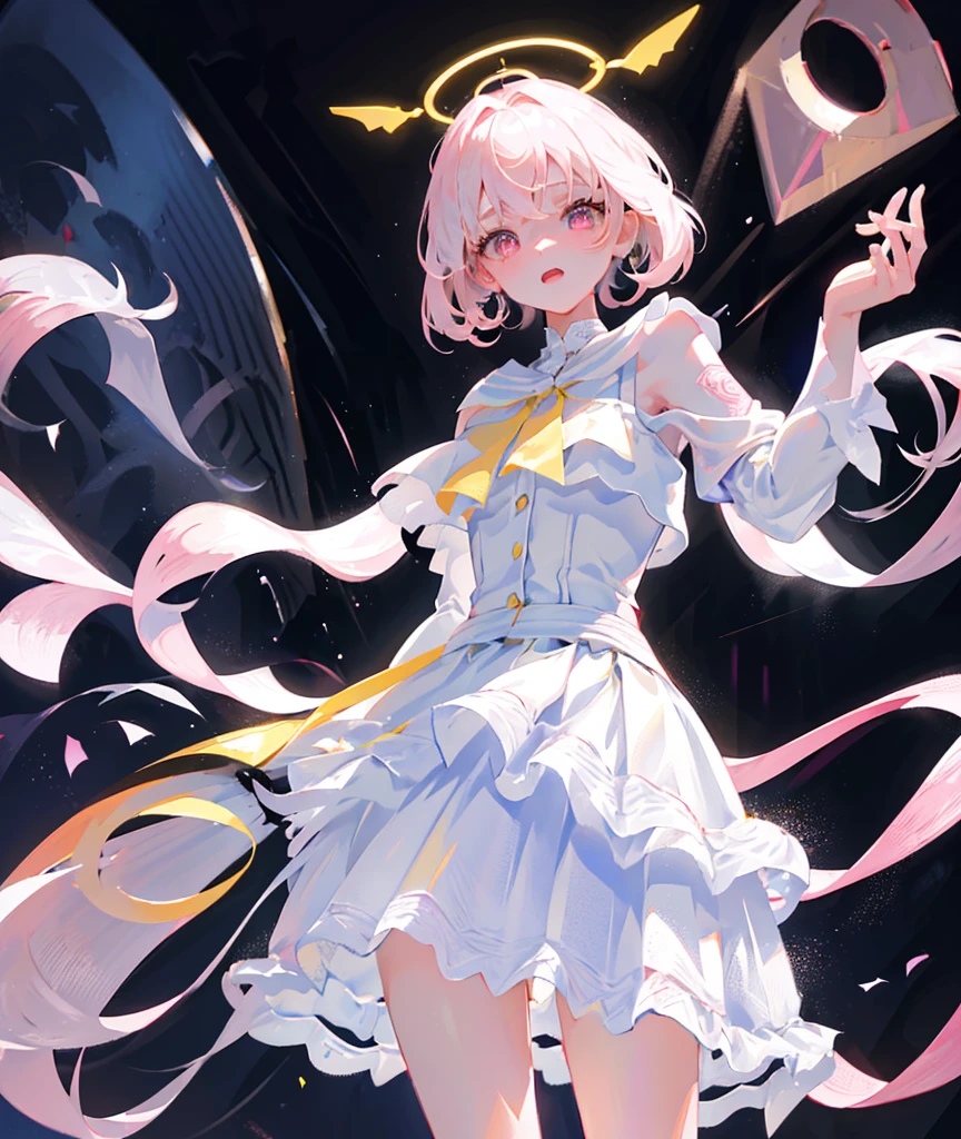 A young girl of about 14 or 15 years old, with a delicate and lovely face, pink eyes, long white hair with pink glitter, looking at the audience with some caution, with a slender figure and a B cup, wearing a white high-tech , and one hand made of silver metal, standing on the high-tech cyberpunk street 