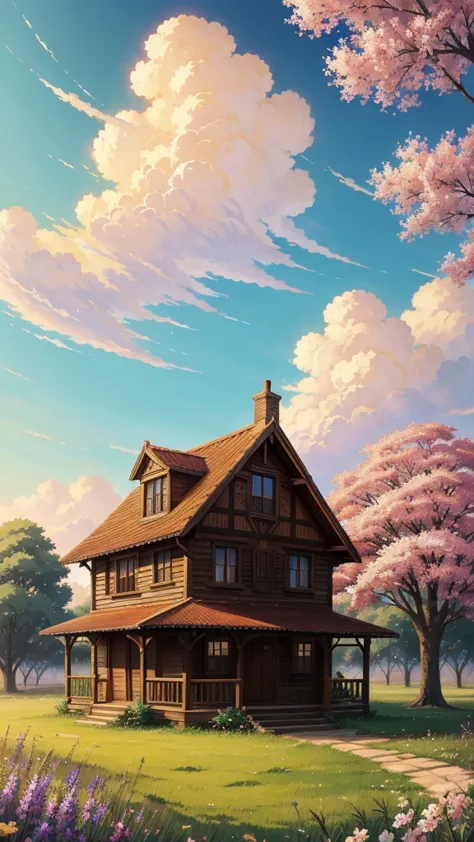 painting of a house in a field with atree and flowers, cyril rolando and goronfujita, anime art wallpaper 4k, anime artwallpaper...