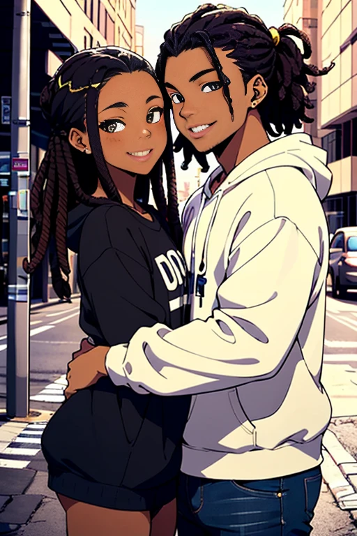 an anime-style image that celebrates love between black couples. black boy and girl, Spanish,skin color is brown, matching sweatshirt, beautiful detailed eyes, boy with Dreadlocks,hair tied back, girl with curly hair, urban setting, vibrant colors, street art, couple pose, smiling at each other, natural lighting, realistic, modern art style, high resolution, rich texture, youthful energy,