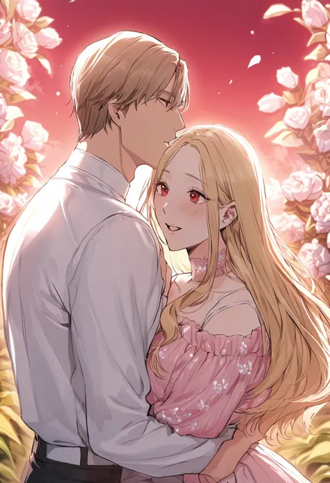 sexy-style, floral background, romance manhwa, masterpiece, best quality, 2others, couple, hetero, 1man with 1woman,
man hair bl...